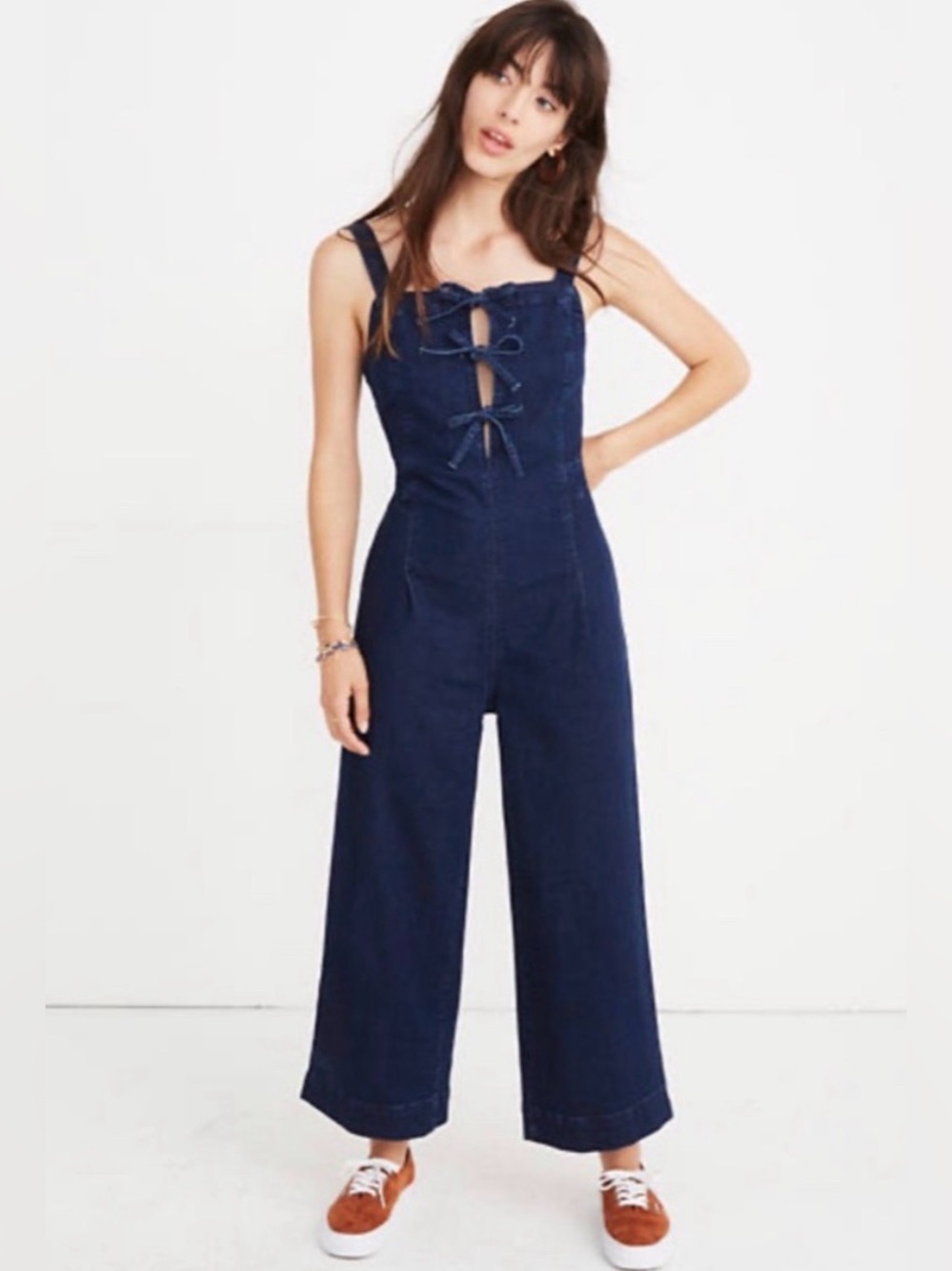 Madewell Denim Tie Front Wide Leg Crop Jumpsuit Sz 6 NEW